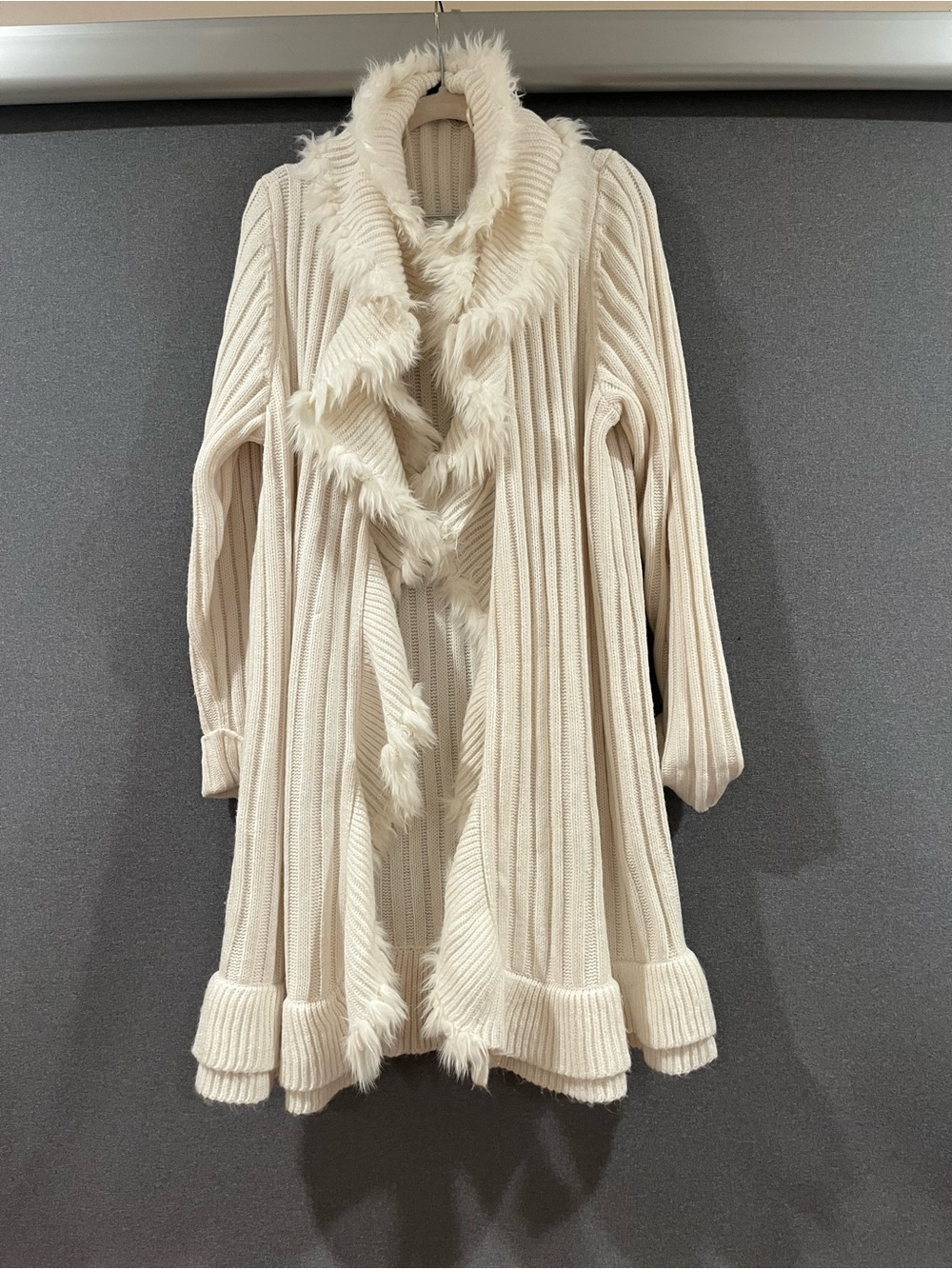 Cream Ribbed Faux-Fur Trim Open Cardigan Sweater Robe